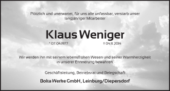 Traueranzeige von Klaus Weniger von Pegnitz-Zeitung